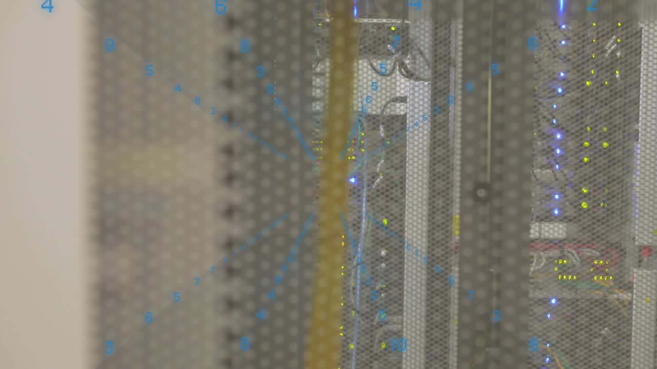 Focus adjusting, camera moving closer, showing central rack cables and blinking LEDs for status