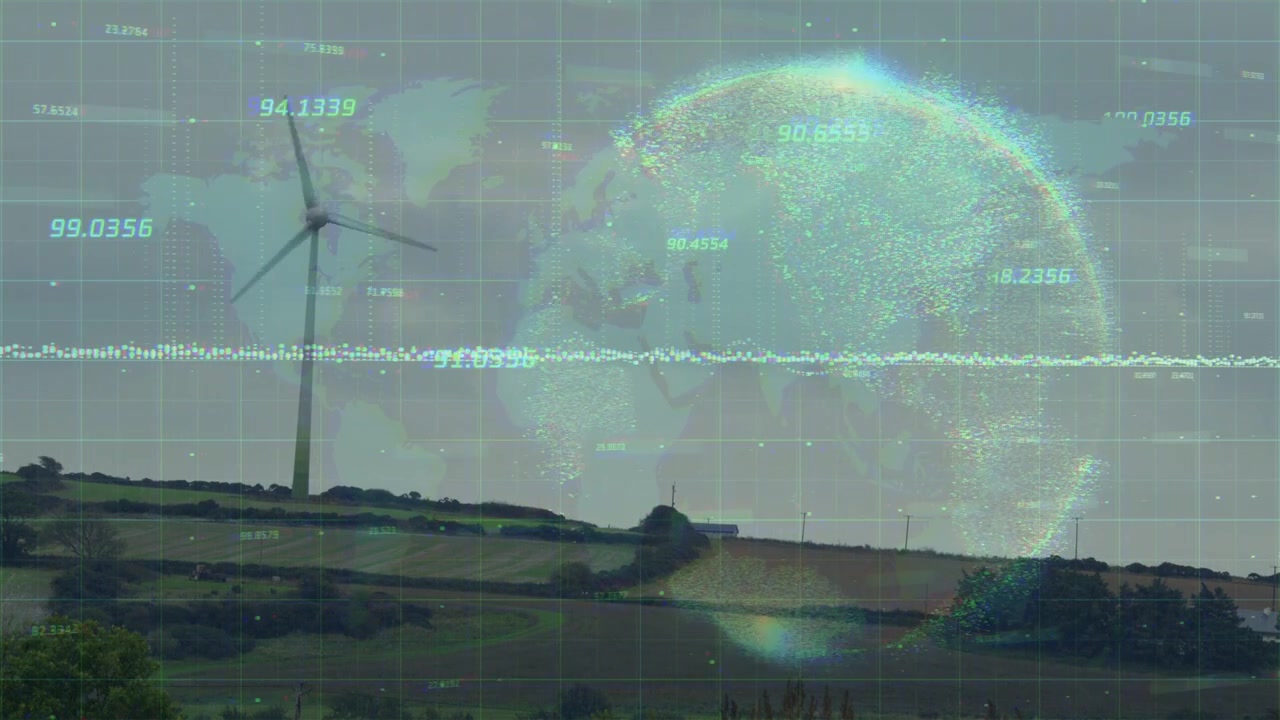 Turbina eolica che ruota su una cresta, con un ping di telemetria che accende un globo luminoso in sovrapposizione, tracciando la produzione di energia.