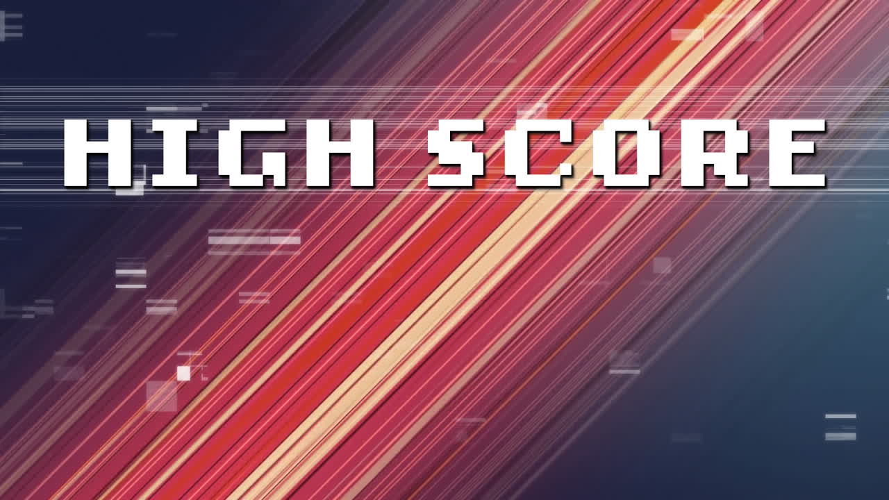 디지털 하이 스코어 텍스트의 애니메이션은 흐릿한 움직임에 반하여 움직이고 조명 된 추상적인 배경입니다.