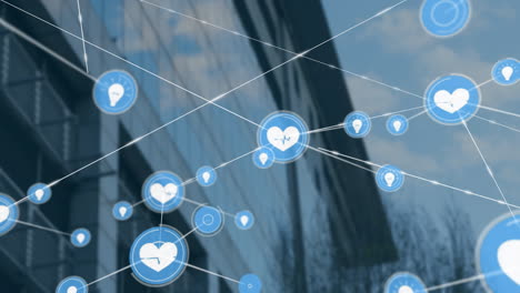 network of health icons and connections animation over modern building background