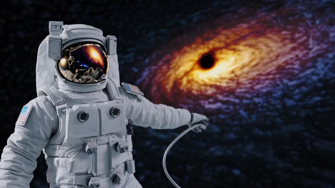Astronaut Pointing at a Black Hole in Space