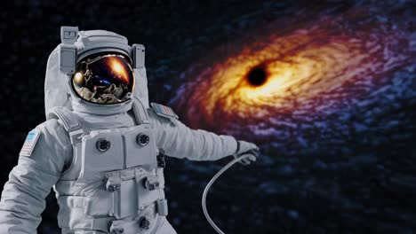astronaut pointing at a black hole in space