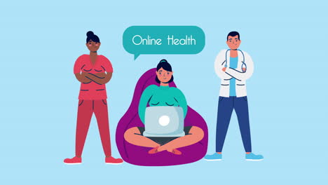 woman using laptop in sofa with doctors telemedicine