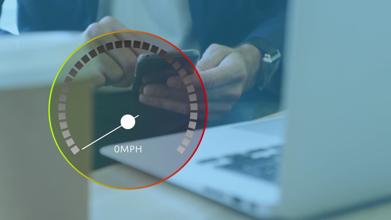 Speedometer and multiple profile icons over mid section of a businessman using smartphone