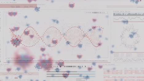 animation of covid-19 cells floating over digital interface with medical data processing