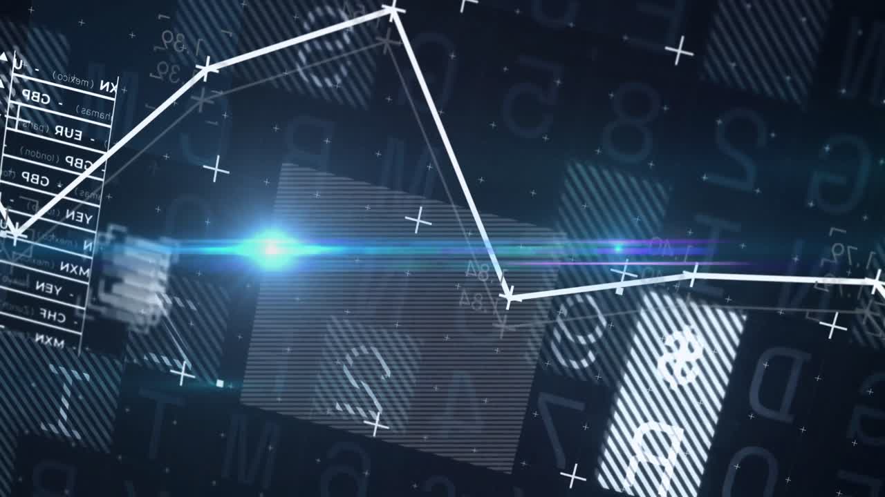 파란색 배경에 대한 통계 데이터 처리에 대한 빛 점의 애니메이션