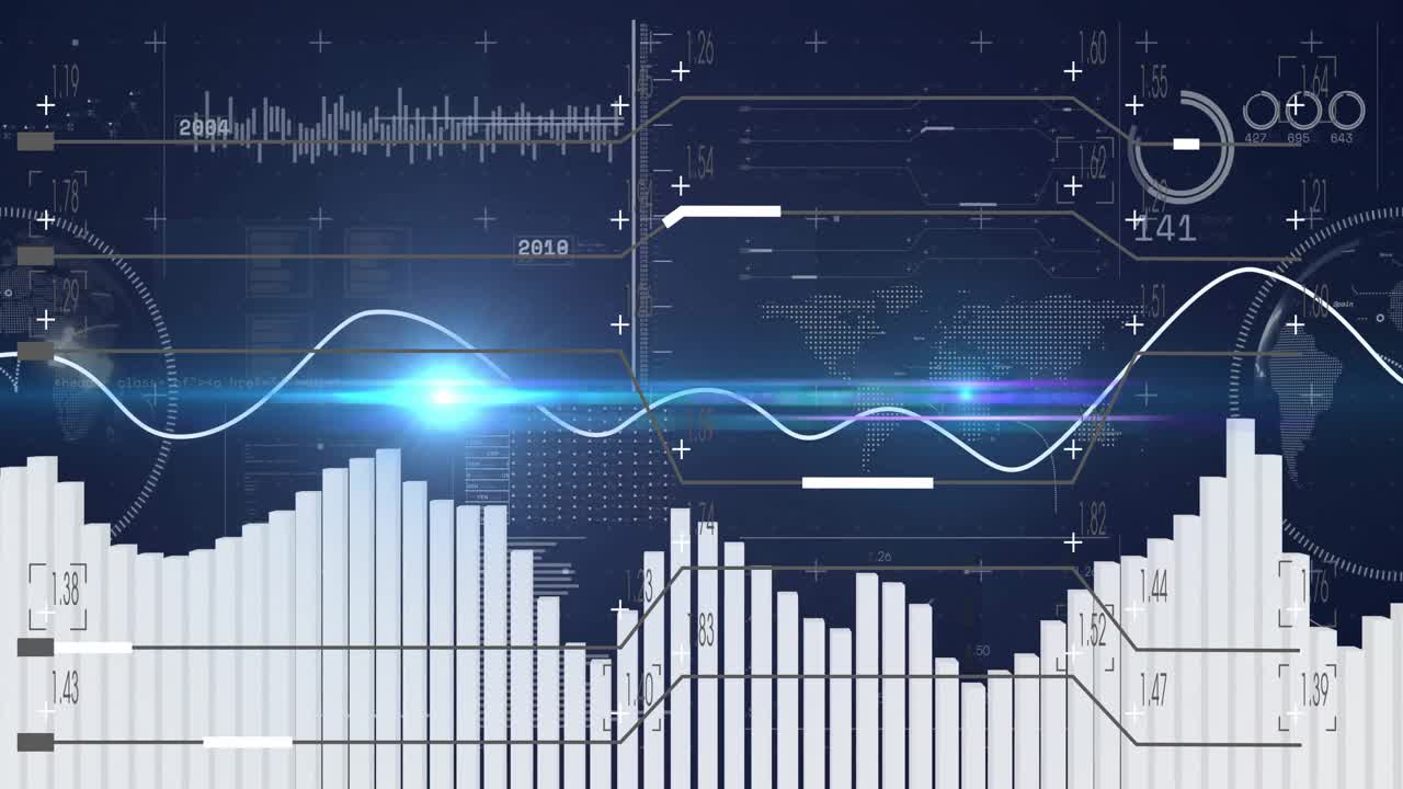 Futuristic dashboard showing bar charts rising beside waveform crossing dotted map in flat design