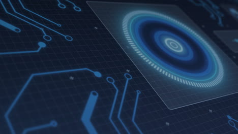 futuristic circular interface floating above grid, showing glowing rings, neon circuit lines