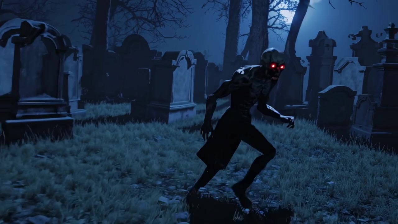 Creepy Monster Running Through a Dark Graveyard at Night