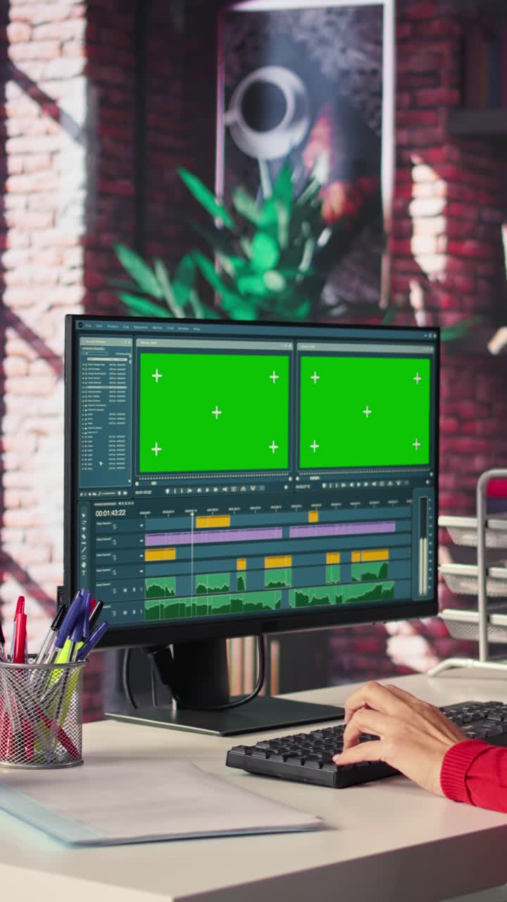 Vertical Video Woman filmmaker works on post production with mockup at home office