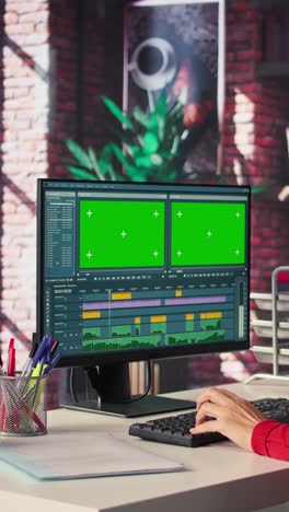 vertical video woman filmmaker works on post production with mockup at home office