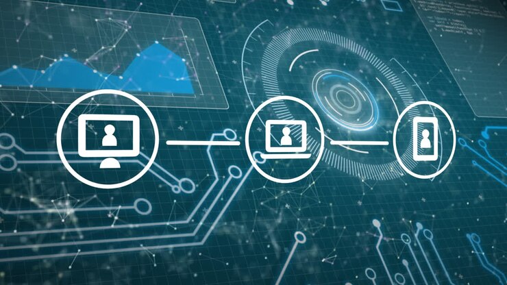 Animation of icons with network of connections, scope scanning and data processing