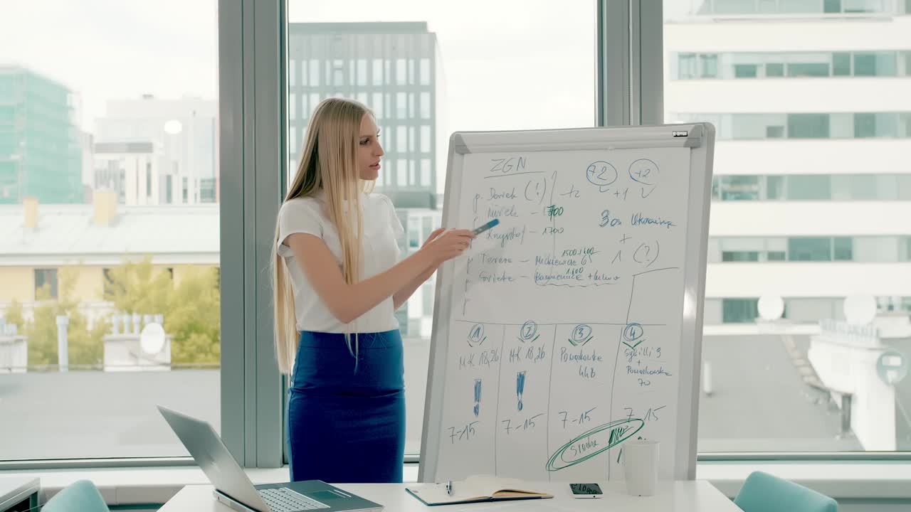 mujer de negocios haciendo una presentación en la pizarra. joven mujer elegante con cabello rubio largo escribiendo en la pizara mientras hace una presentación en una oficina moderna contra la ventana
