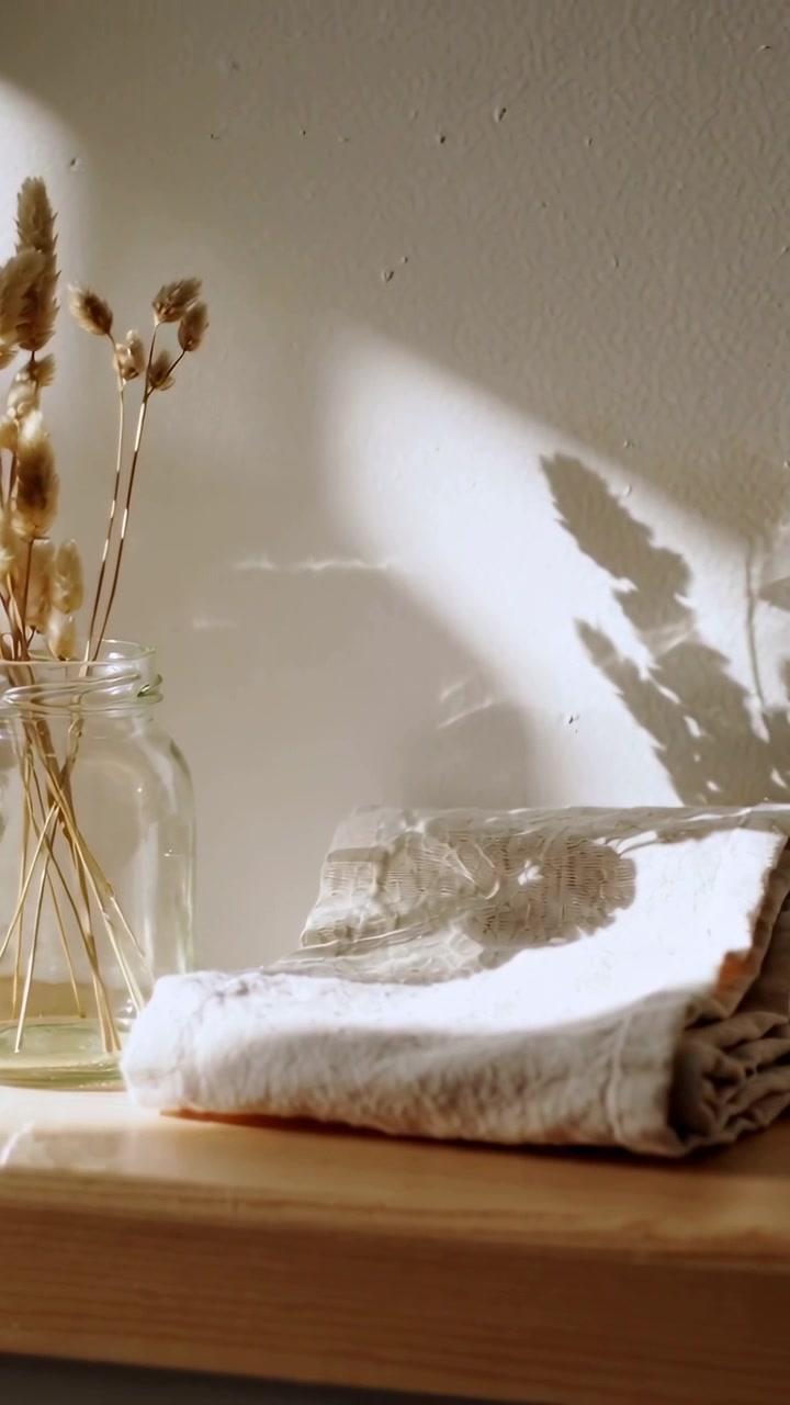 Video verticale: Vaso in movimento con steli su scaffale, luce solare che proietta un'ombra sul lino, spazio per il testo