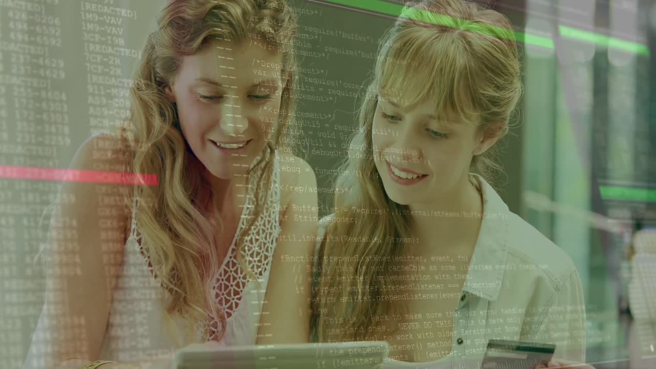 анимация линий и обработка данных над счастливыми кавказскими женщинами, делающими покупки в интернете