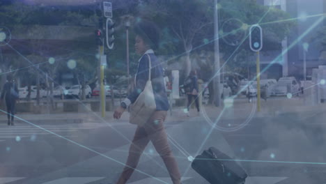animation of network of connections over woman in city