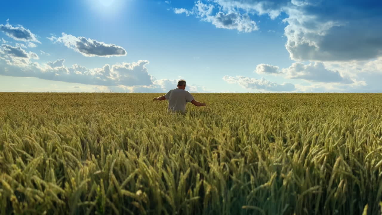 Vast agricultural field of grain under the hot summer sun. Old man walks by the farmland of barley.