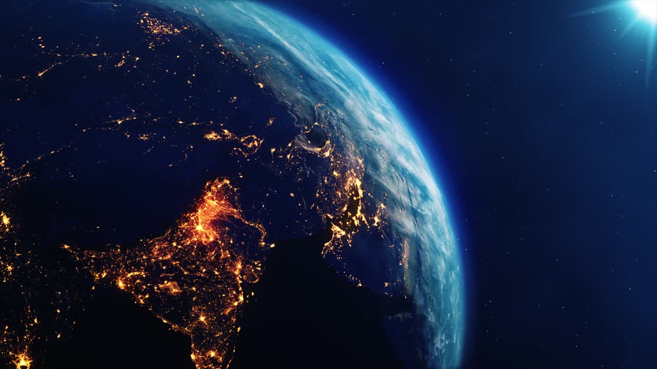 Earth rotating on axis in space with stars and cloud day and night rotation seamless loop animation