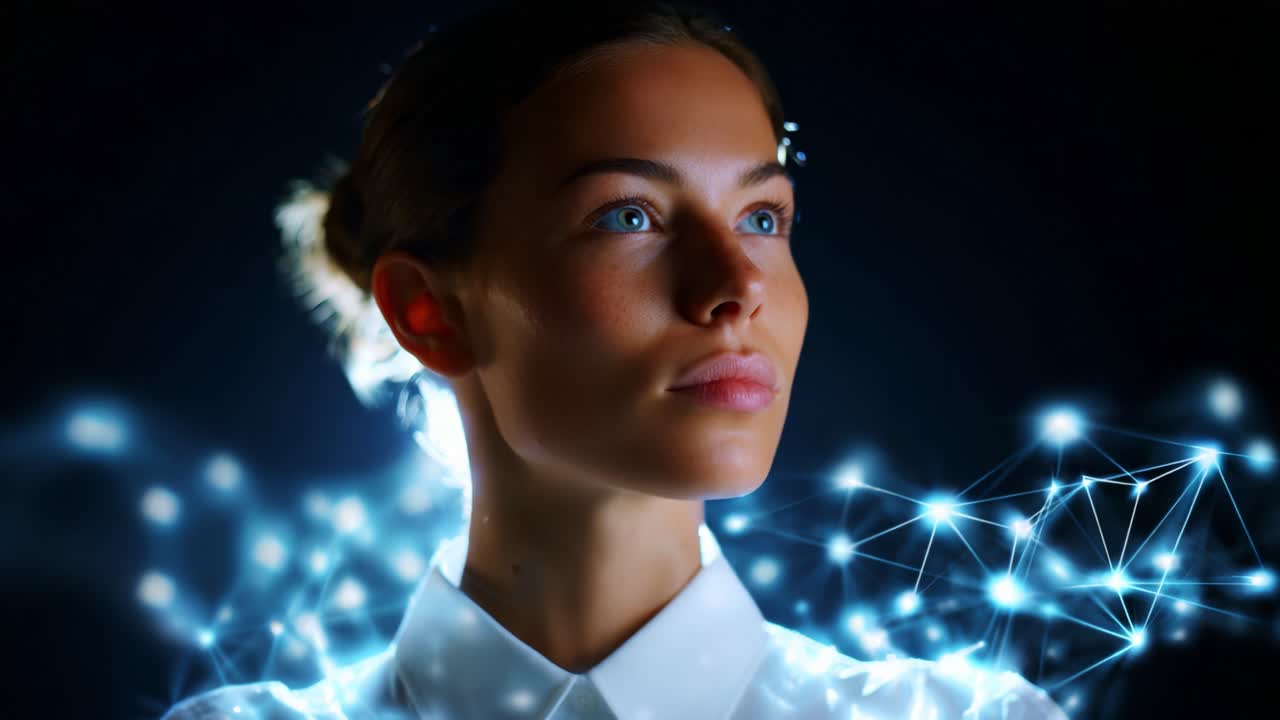 A Pensive Woman Surrounded by a Web of Light: Capturing the Essence of Innovation and Thoughtfulness Against a Dark Background with Dynamic Digital Elements