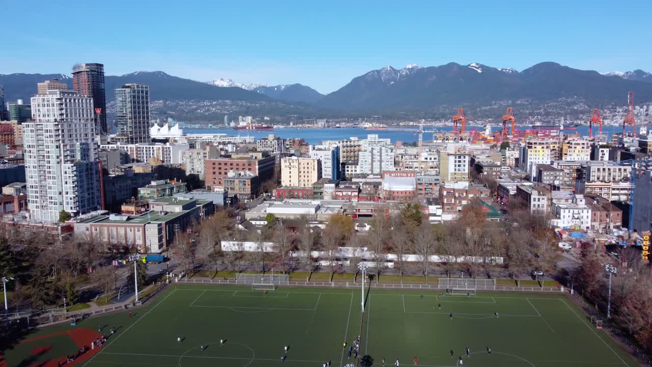 Aerial View of Downtown Vancouver and a Soccer Field