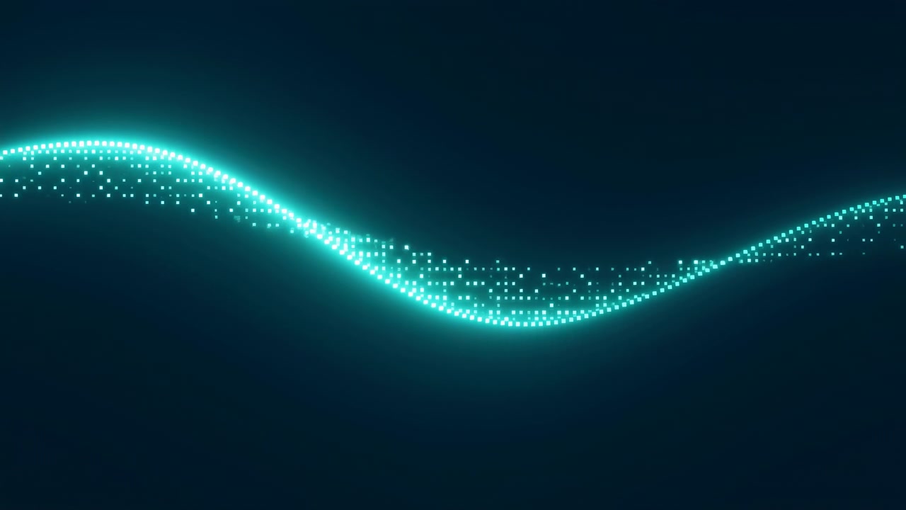 An abstract turquoise light wave arcs across a dark blue background with small glowing particles trailing along the curve, leaving open space below for text