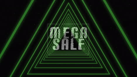 animation of mega sale text over green geometrical shapes on black background