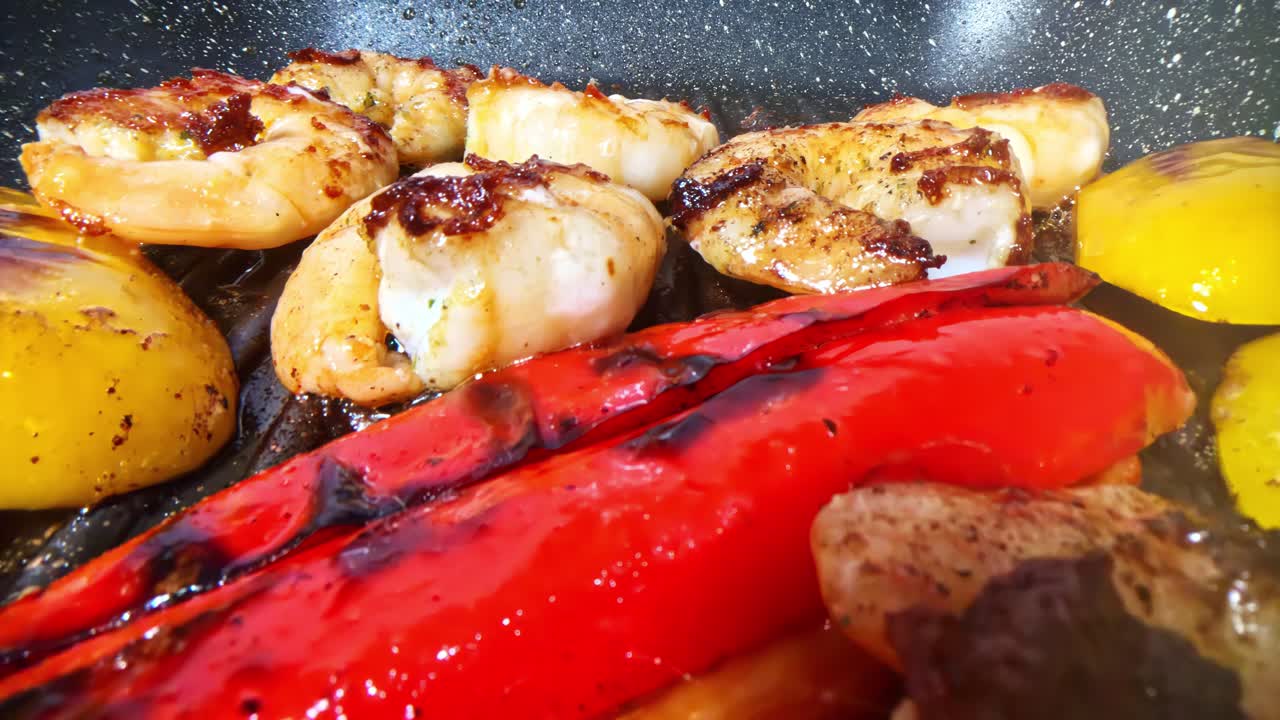 Grill pan fry shrimp fajitas with bell peppers mexican asian fusion cuisine cooking