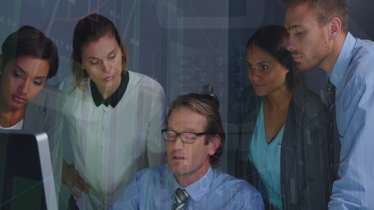 Animation of data processing against diverse businesspeople discussing over a computer at office