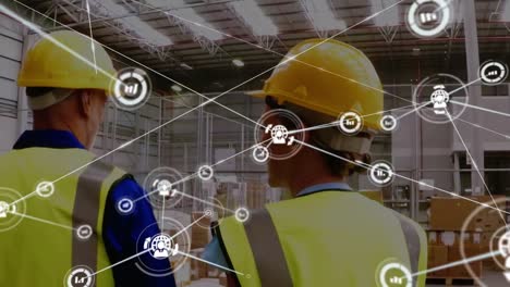 Animation-of-network-of-connections-over-man-and-woman-working-in-warehouse