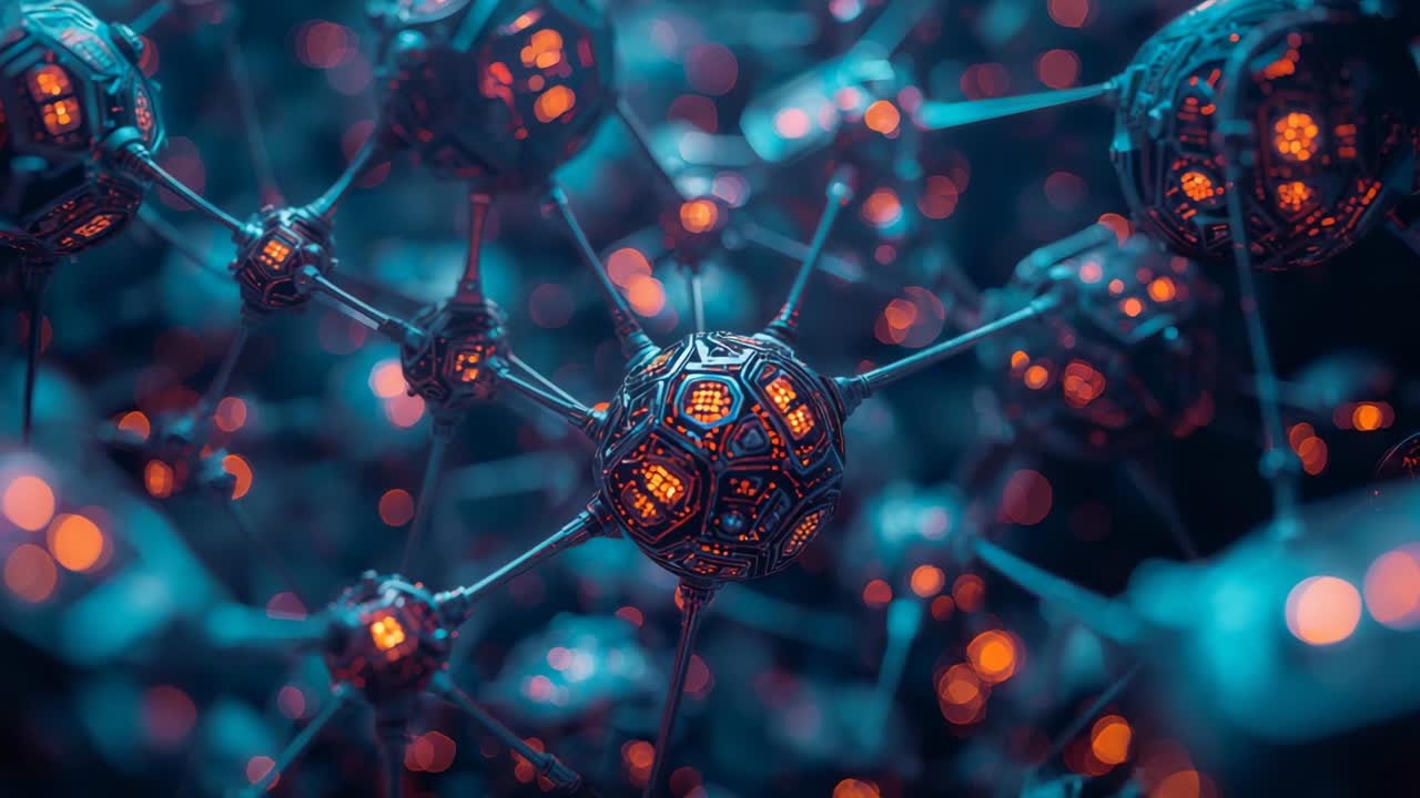 Camera pulling back, rotating around central lit polyhedral node in dark space with pulsing nodes