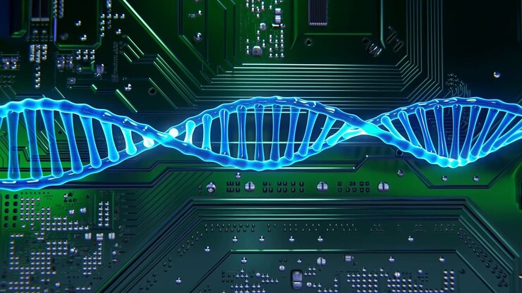 Dna helix static display, in digital circuit board background, with dna helix, digital circuit board, with digital elements texture, from a side view perspective, with blue, green accents.