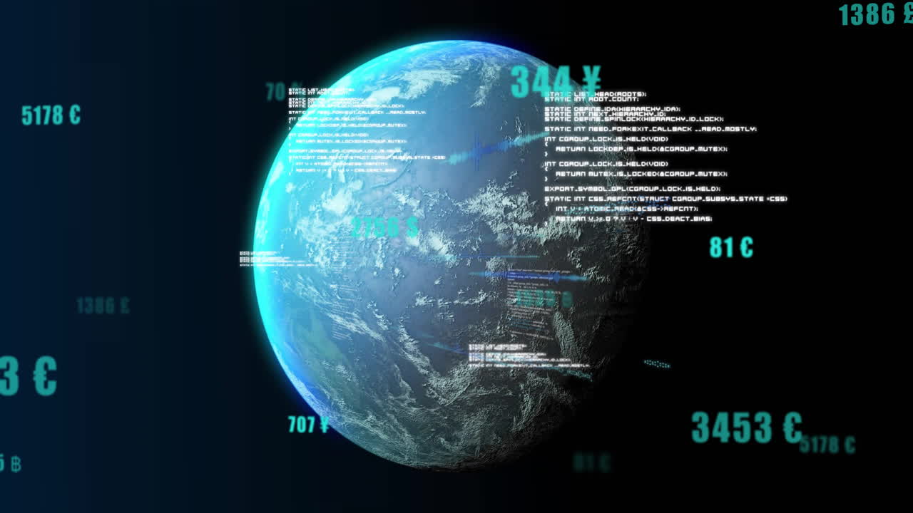 Rendering 3D Earth model spinning in space, showing floating currency symbols, percentages and code