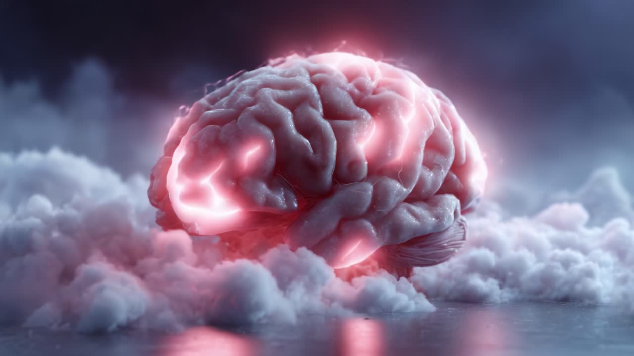 A Surreal Exploration of the Human Brain's Intricacies Amidst Electric Energy and Cloudy Surroundings, Capturing the Essence of Cognitive Power and Creativity