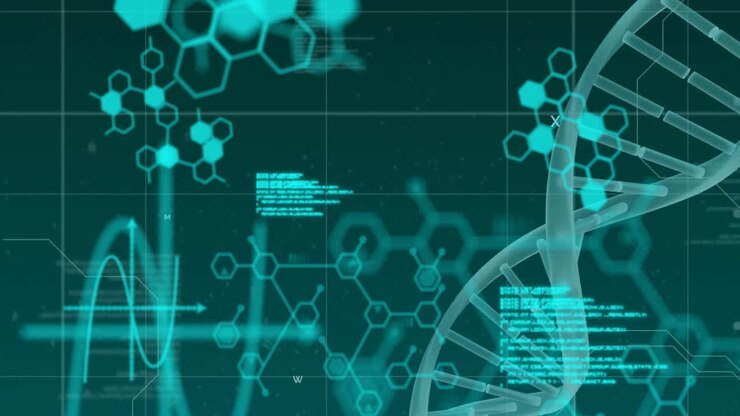 Animation of data processing over dna and element structures on dark background