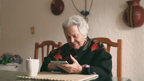 mujer de edad con gadget sentado en la mesa