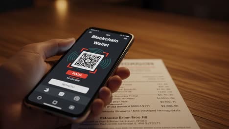 a close-up of a blockchain wallet application on a smartphone displaying a qr code for a completed payment at a restaurant, highlighting modern digital transactions