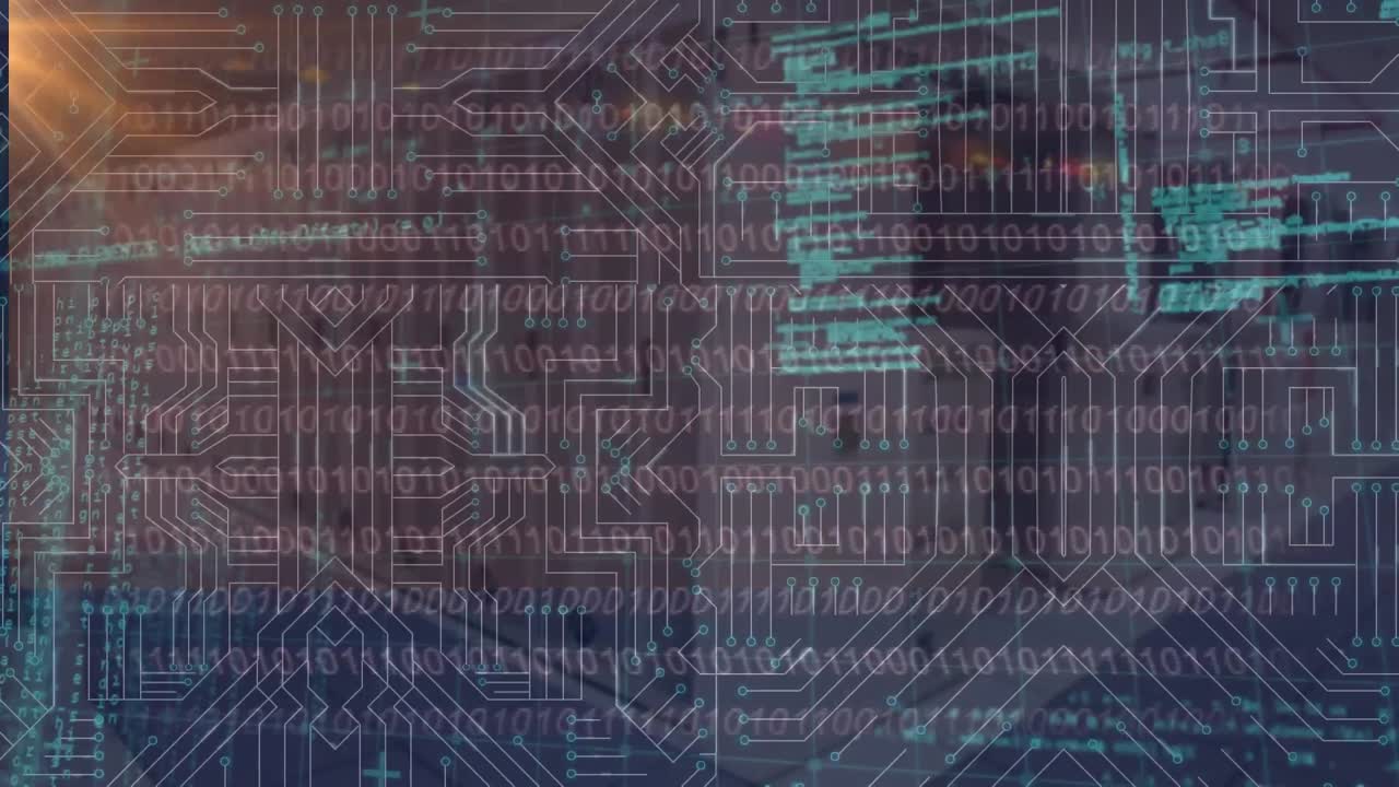Animation of data processing over glowing computer circuit board