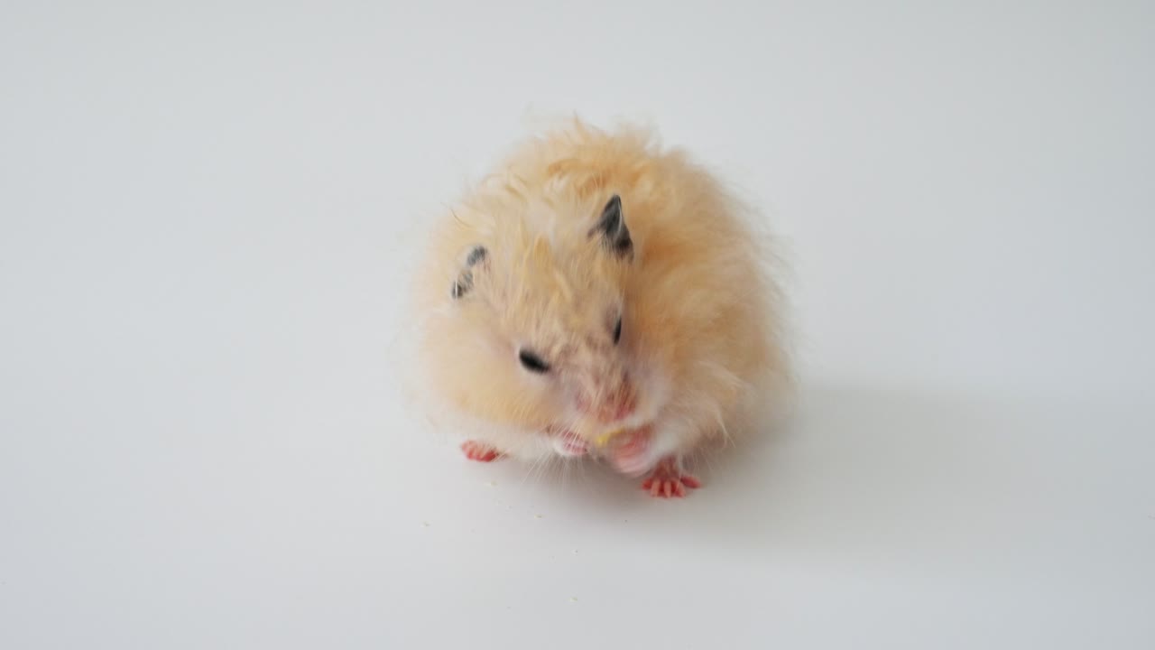 el hámster beige dorado gracioso come un pedazo de pan seco sobre un fondo blanco. mascota pequeña popular, roedor, ratón, mamífero, hámster sirio. concepto de cuidado y amor por las mascotas. hámster lindo