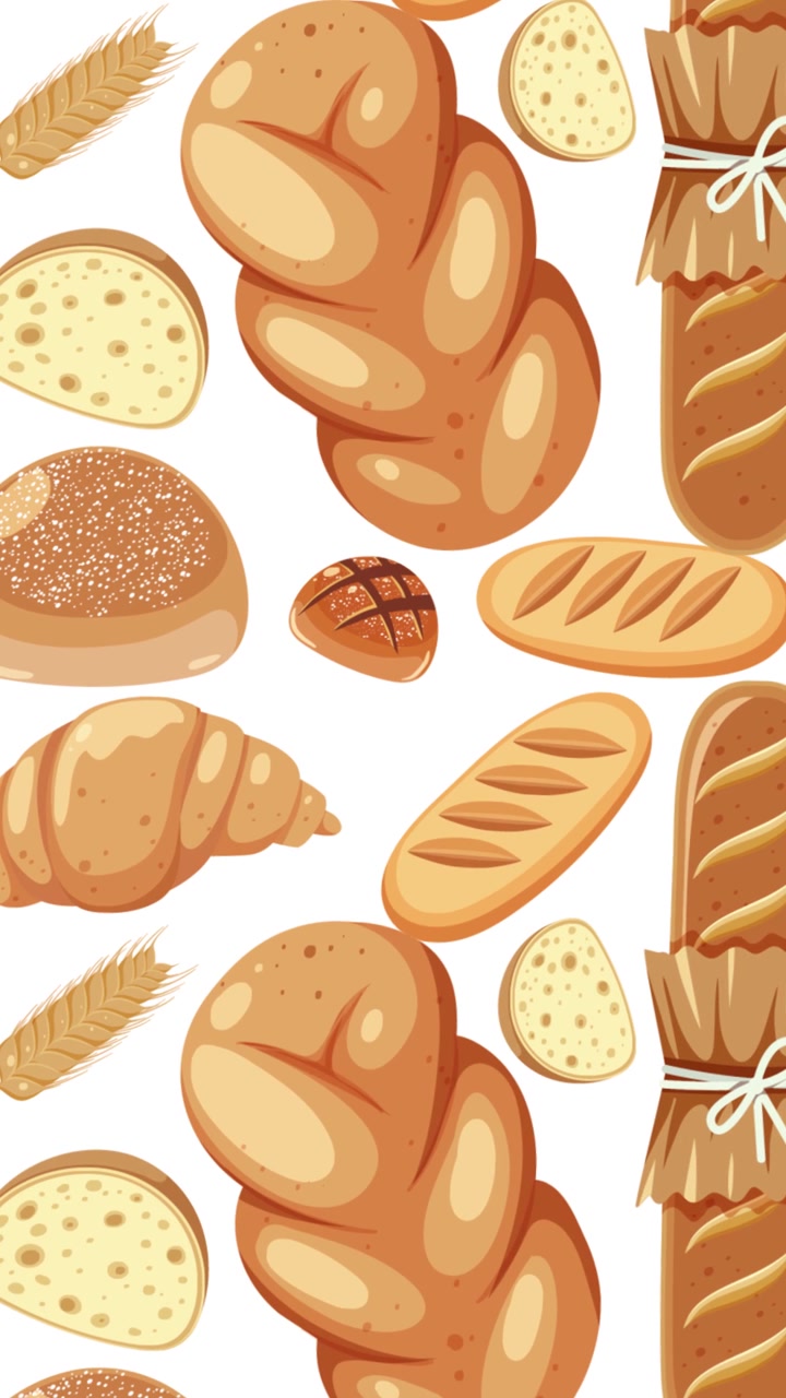 An animation of various bread illustrations transitioning over changing backgrounds, creating a dynamic and vibrant visual experience