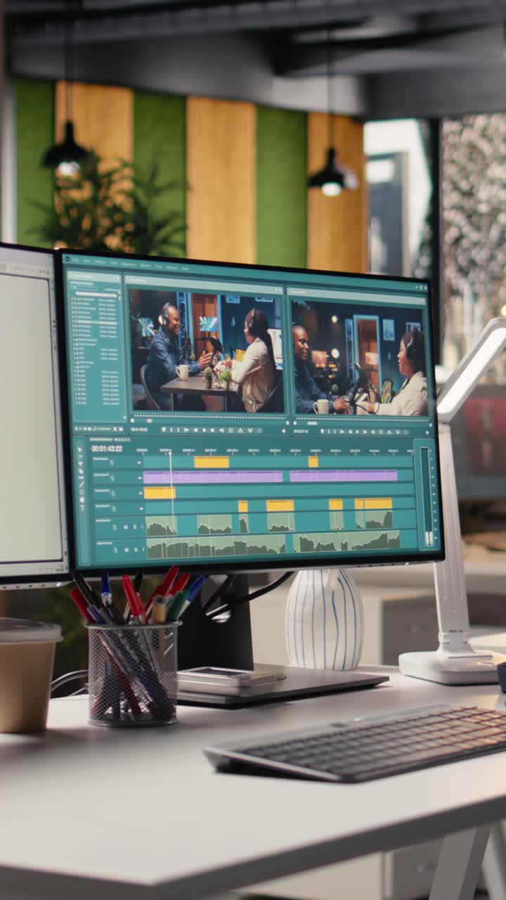 Vertical Video No People Highlights Workstation With Video Editing Software On Footage Project