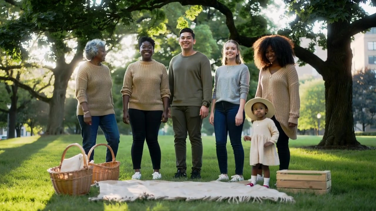 Walking family spotting blanket moving in park, posing wearing fall tones with baskets, toddler hat