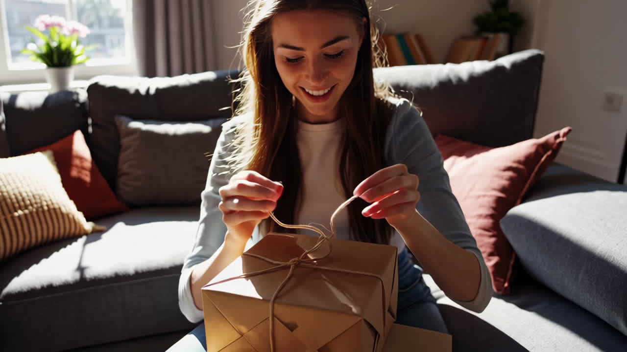 Woman Happily Unwrapping Packages at Home