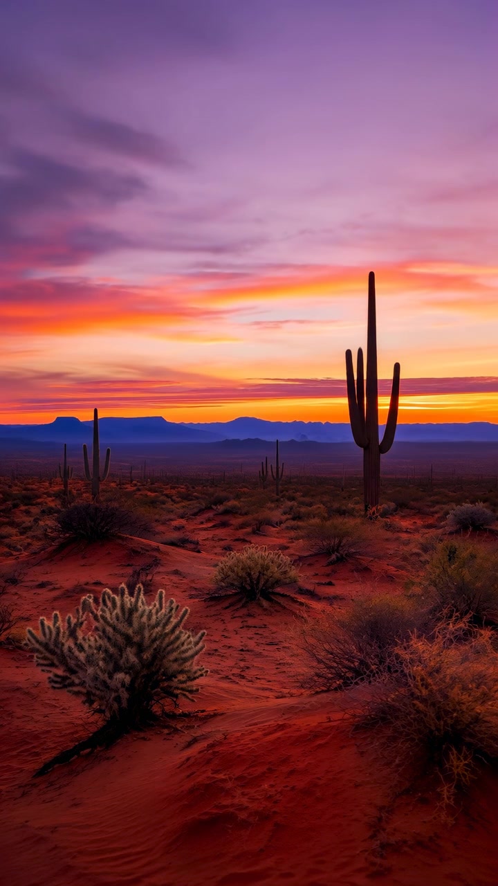 La luce del sole accanto a un imponente saguaro svanisce mentre il primo piano sabbioso, cactus più piccoli, nuvole stratificate e creste distanti si scuriscono da calde tonalità arancioni a un crepuscolo viola