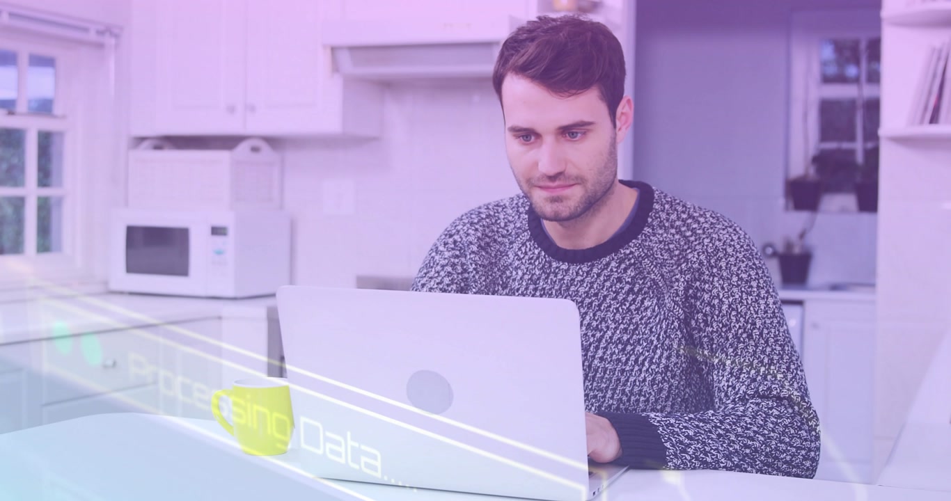 Man opening laptop in kitchen, processing data overlay showing percentages until 100% to review