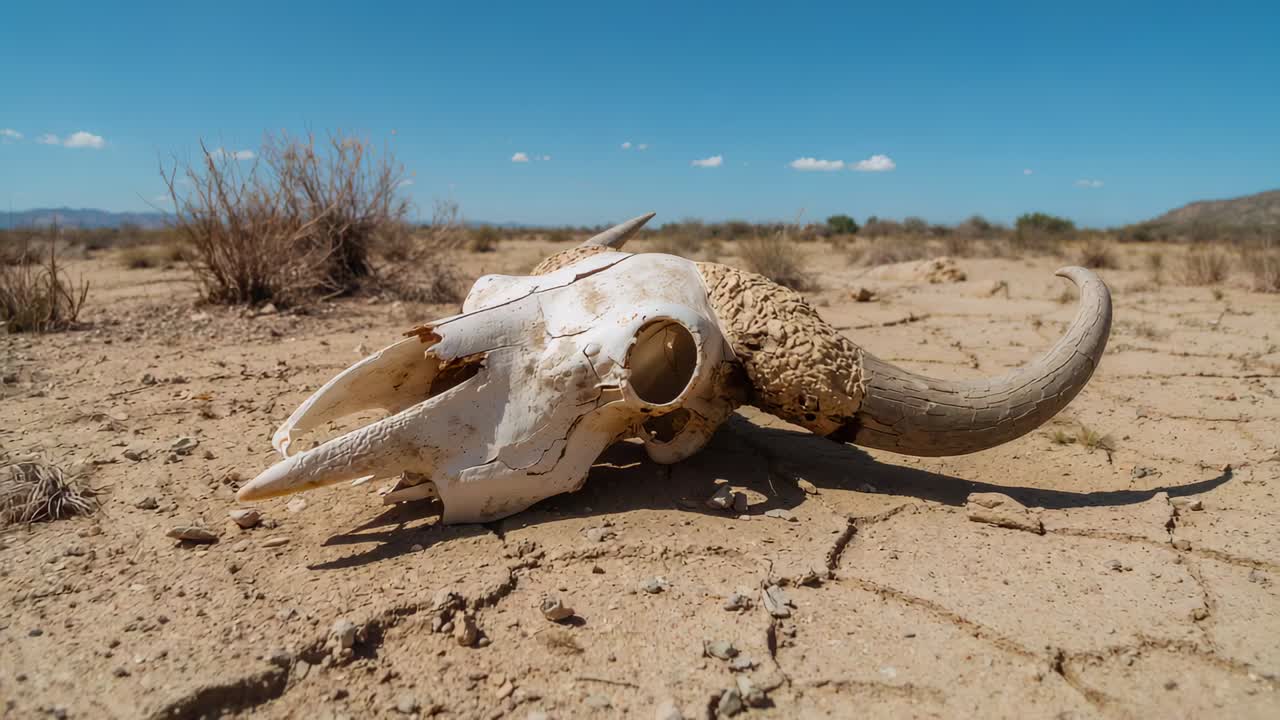 Zooming camera moving closer to bleached bovine skull on cracked soil, revealing horn details