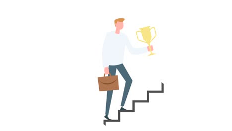 flat cartoon colorful man character animation. male walk up on the career ladder with champion cup