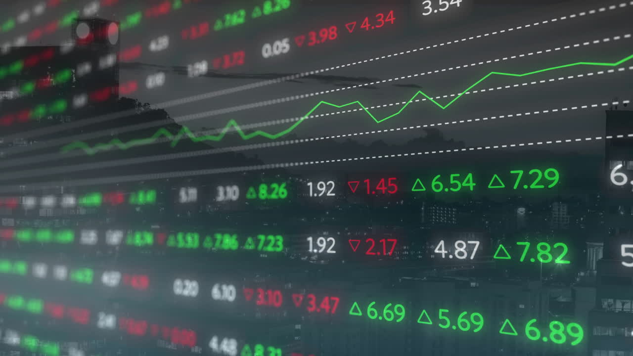 Grafico finanziario visualizzato sopra uno skyline cittadino, che mostra cifre azionarie verdi e rosse con una linea in aumento