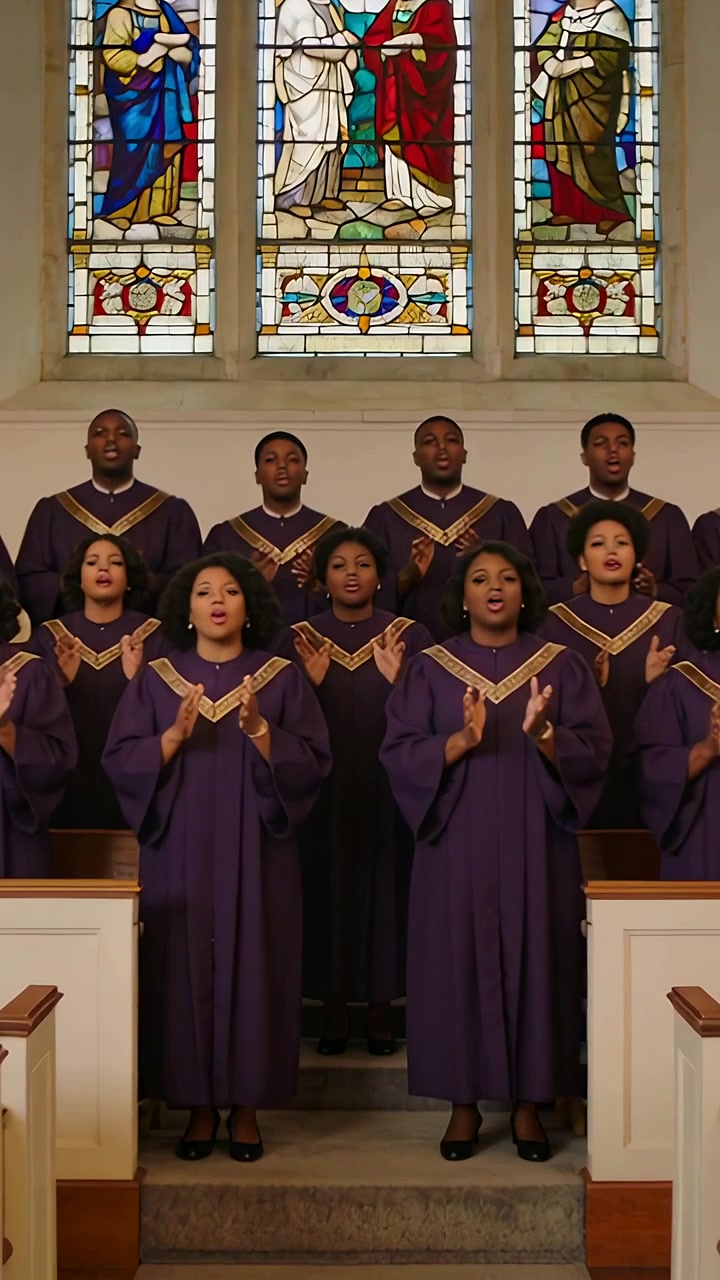 Vertical video: Singing purple-clad choir on cue, clapping, raising at church under stained glass