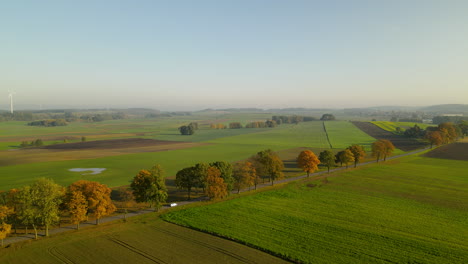 aerial of cars driving along road with trees through beautiful rural farmland fields