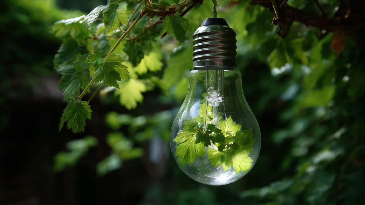 Natura illuminante: una lampadina racchiusa tra le foglie che mostra la bellezza del verde, unendo tecnologia ed elementi naturali in un'incantevole esposizione